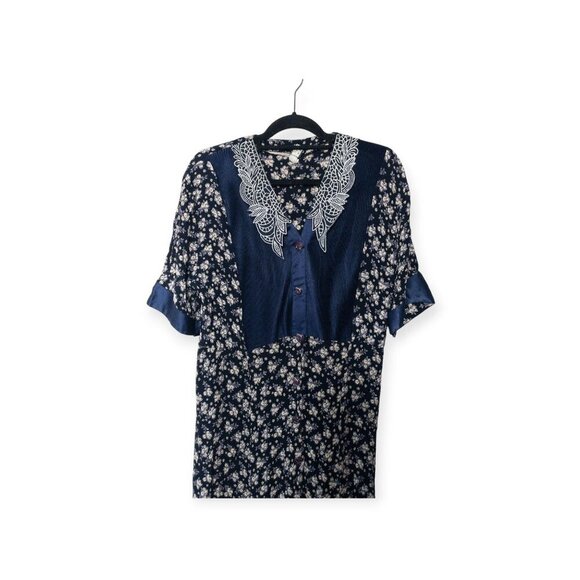 Vintage 80s GASPE Navy Floral Maxi Dress Lace Retro SZ M Cottage Core - Picture 3 of 11